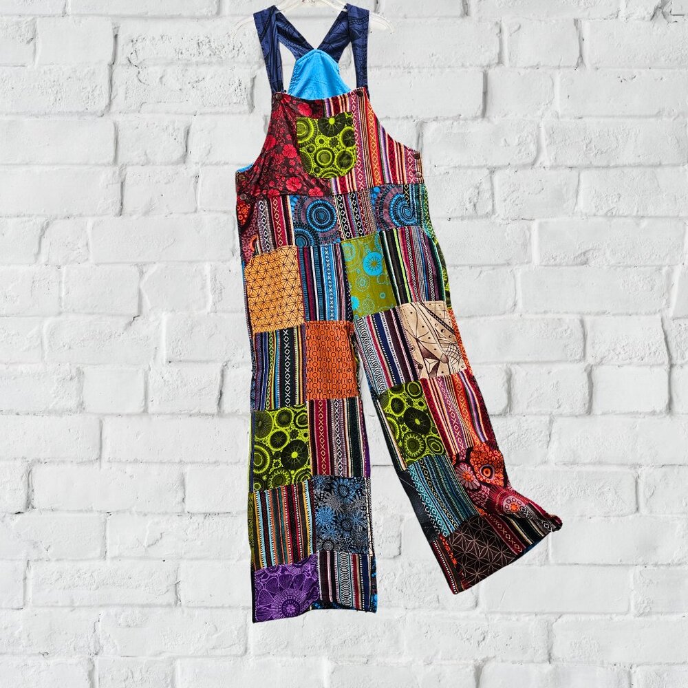 Patchwork Cotton Jumpsuit Boho Overall Hippie 5-pockets Long Pants Large